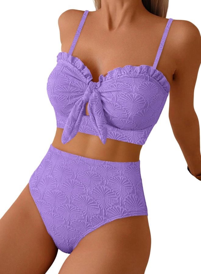 Herseas Women's Seashell Textured Bikini Sets Knotted Front 2 Piece Swimsuits Ruffle Trim Bathing Suits, Purple, XL - Image 1