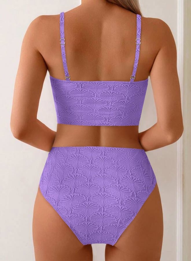 Herseas Women's Seashell Textured Bikini Sets Knotted Front 2 Piece Swimsuits Ruffle Trim Bathing Suits, Purple, XL - Image 3