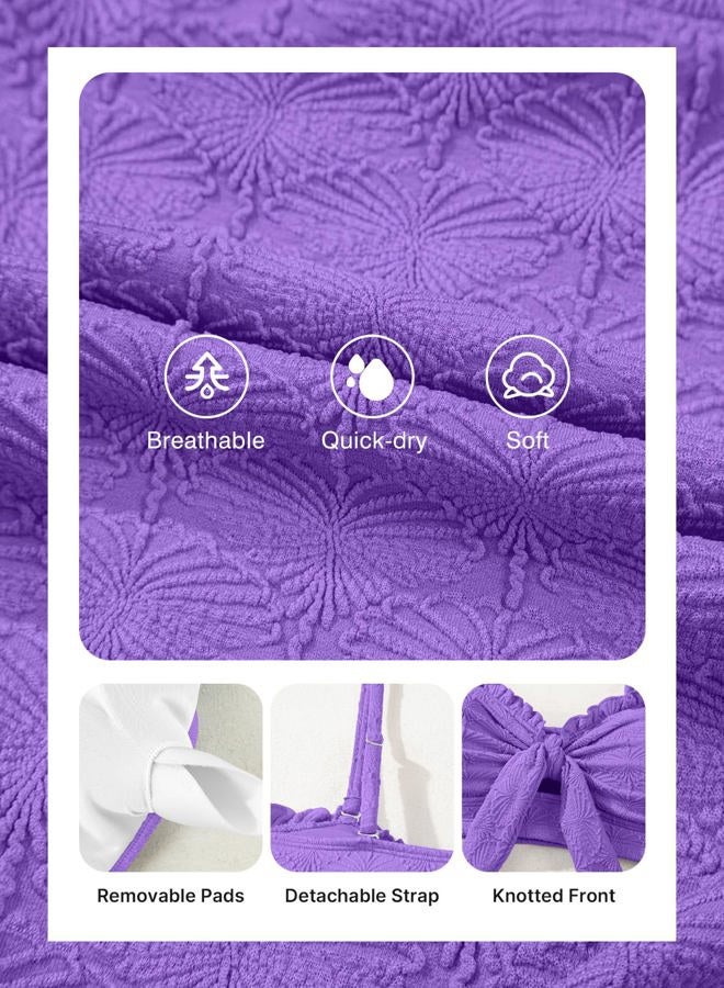 Herseas Women's Seashell Textured Bikini Sets Knotted Front 2 Piece Swimsuits Ruffle Trim Bathing Suits, Purple, XL - Image 5