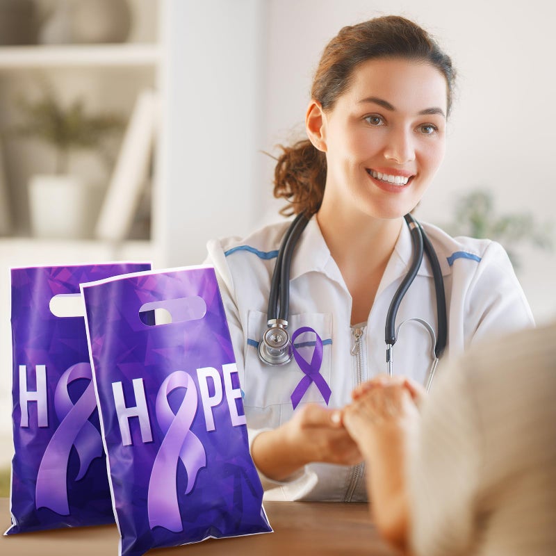 Panelee 100 Pcs Purple Ribbon Awareness Plastic Gift Bags with Handle Purple Hope Goody Treat Bags for Domestic Violence  Animal Abuse  Alzheimer's  Lupus and Pancreatic Cancer Society Events Supplies - Image 3