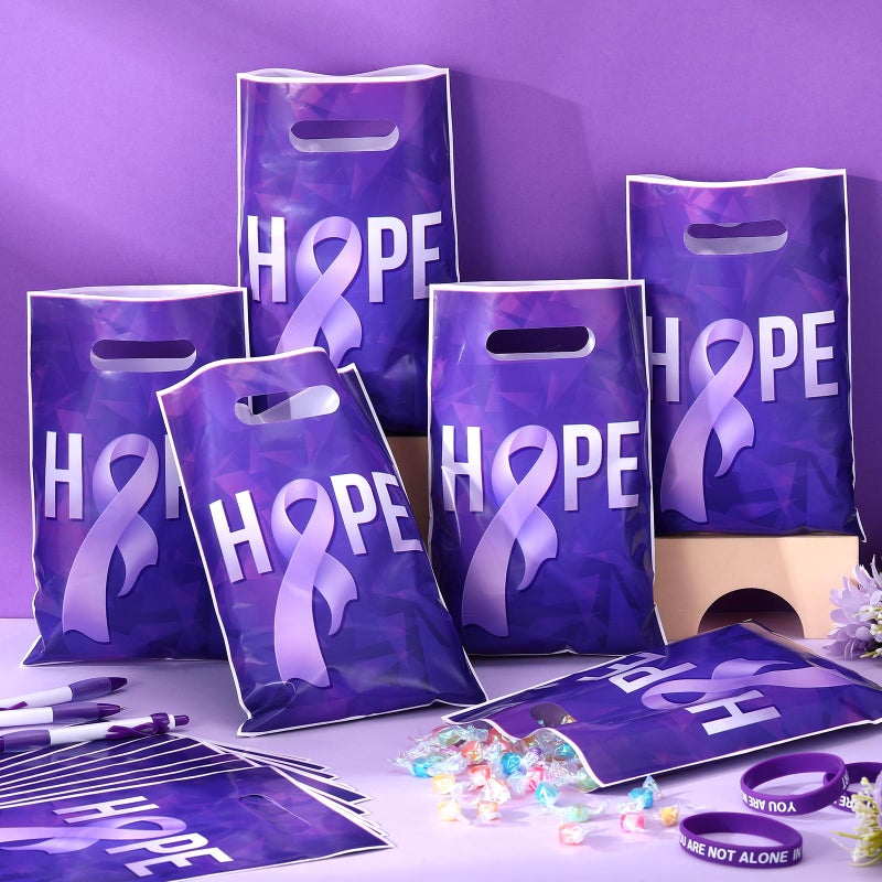 Panelee 100 Pcs Purple Ribbon Awareness Plastic Gift Bags with Handle Purple Hope Goody Treat Bags for Domestic Violence  Animal Abuse  Alzheimer's  Lupus and Pancreatic Cancer Society Events Supplies - Image 4