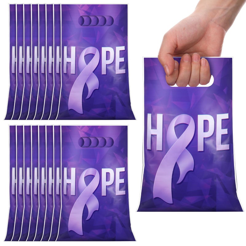 Panelee 100 Pcs Purple Ribbon Awareness Plastic Gift Bags with Handle Purple Hope Goody Treat Bags for Domestic Violence  Animal Abuse  Alzheimer's  Lupus and Pancreatic Cancer Society Events Supplies - Image 1