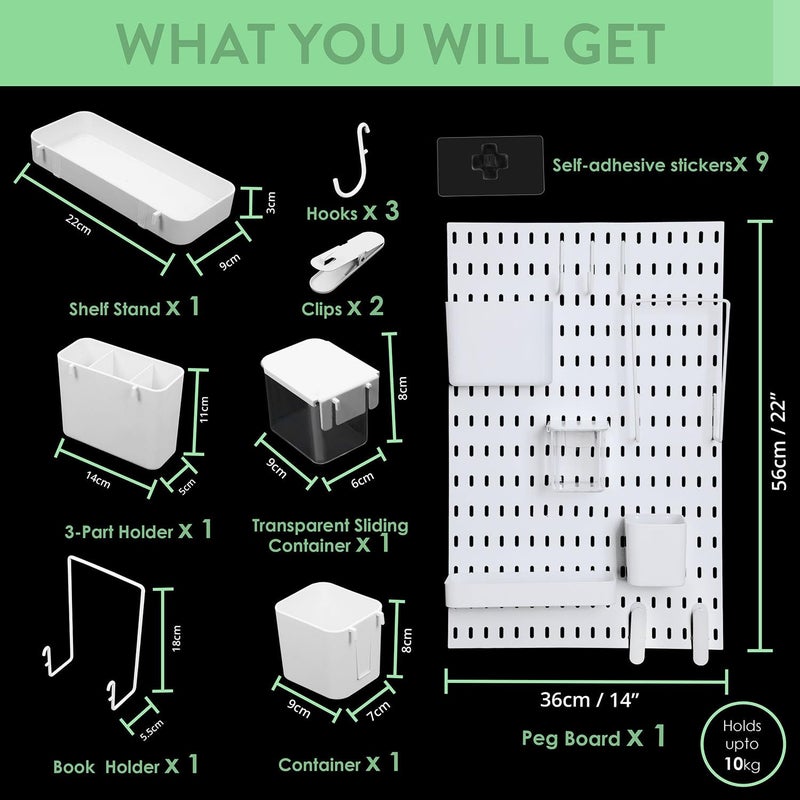 ABOUT SPACE Peg Board-Home Organizer Pegboard Wall Organizer with 9 Accessories & Self-Adhesive Stickers for Home Office, Bathroom, Kitchen Wall Hanging (L 36Xb 1Xh 56 Cm)-Metal, White - Image 2