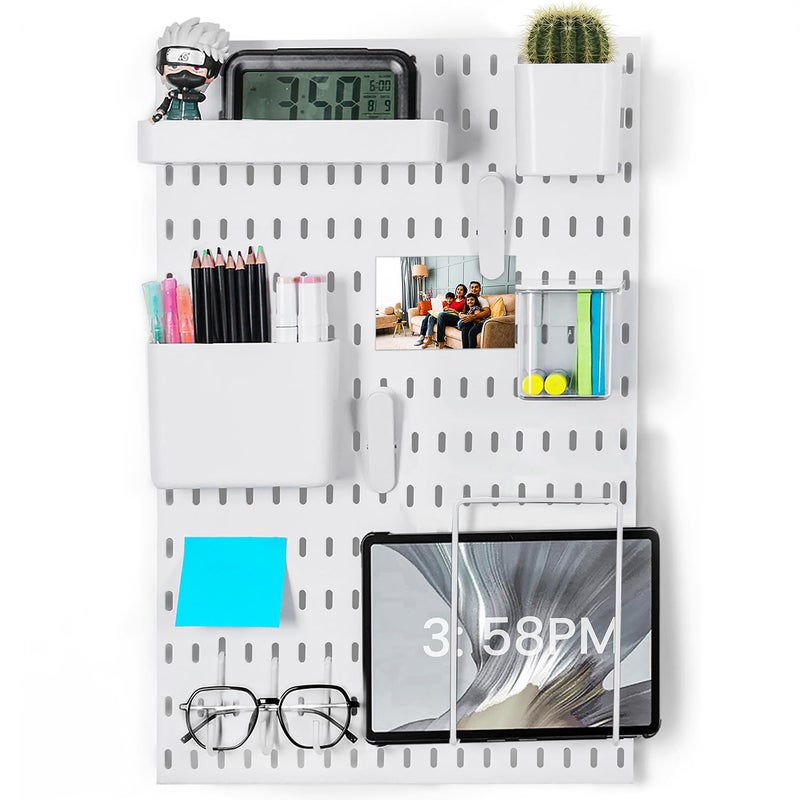 ABOUT SPACE Peg Board-Home Organizer Pegboard Wall Organizer with 9 Accessories & Self-Adhesive Stickers for Home Office, Bathroom, Kitchen Wall Hanging (L 36Xb 1Xh 56 Cm)-Metal, White - Image 1