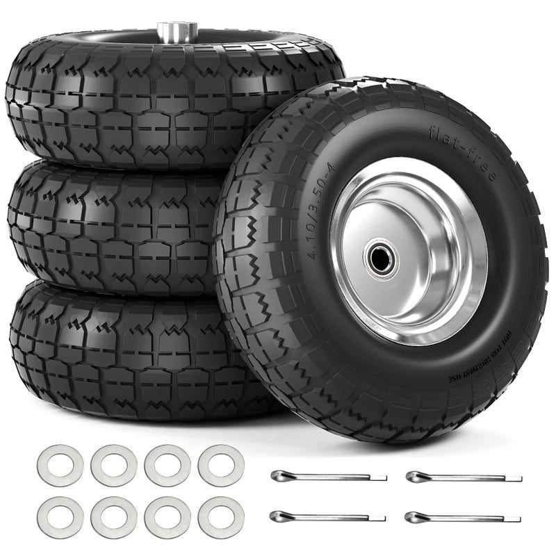 Iococee ã€UPGRADEDã€‘4.10/3.50-4 Tire and Wheel Flat Free, 10 Inch Solid Rubber Tire with 5/8â€Axle Bore Hole and Double Sealed Bearings, for Dolly Wheels/Hand Truck Wheels/Dump Cartï¼Œ4 Pack - Image 1