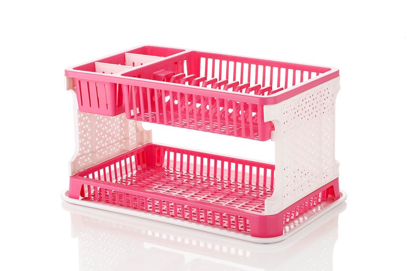 Attro Lenova Utensil Basket-Stylish and Durable Plastic Kitchen Organizer Rack Cutlery Utensil,Simple Assembly, Fruits and Vegetable Drying Drain and Storage Stand with Water Storing Tray-Pink - Image 1