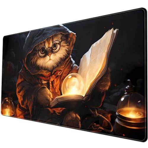 YKJWW Magical Cat Desk Mouse Mat Black Vintage Desk Pad Playmat for MTG Large Mousepad Gaming Deskpad XXL Keyboard Mouse Pad Full Desktop Mat Desk Cover Mat for Work Office Home (31.5x15.7 in) - Image 5