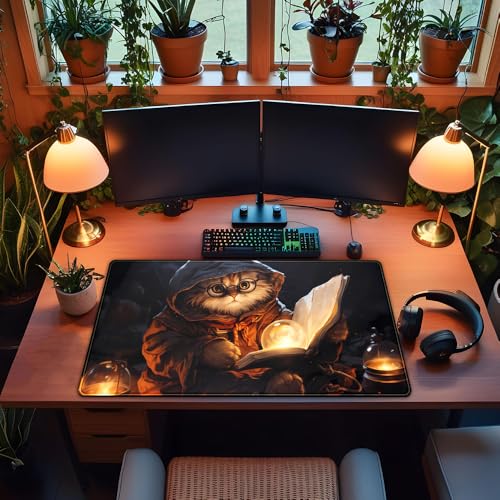 YKJWW Magical Cat Desk Mouse Mat Black Vintage Desk Pad Playmat for MTG Large Mousepad Gaming Deskpad XXL Keyboard Mouse Pad Full Desktop Mat Desk Cover Mat for Work Office Home (31.5x15.7 in) - Image 4