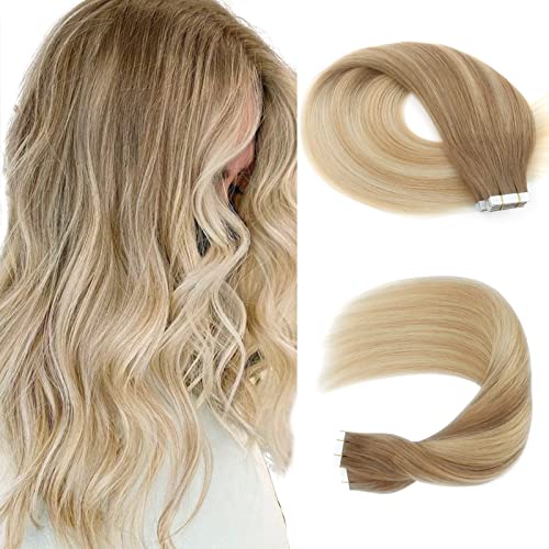 Sassina Tape in Hair Extensions Ombre Color Ash Brown to Dark Honey Blonde and Platinum Ash Blonde 14 Inch Remy Human Hair Tape in Extensions 50 Gram 20 Pac Per Set