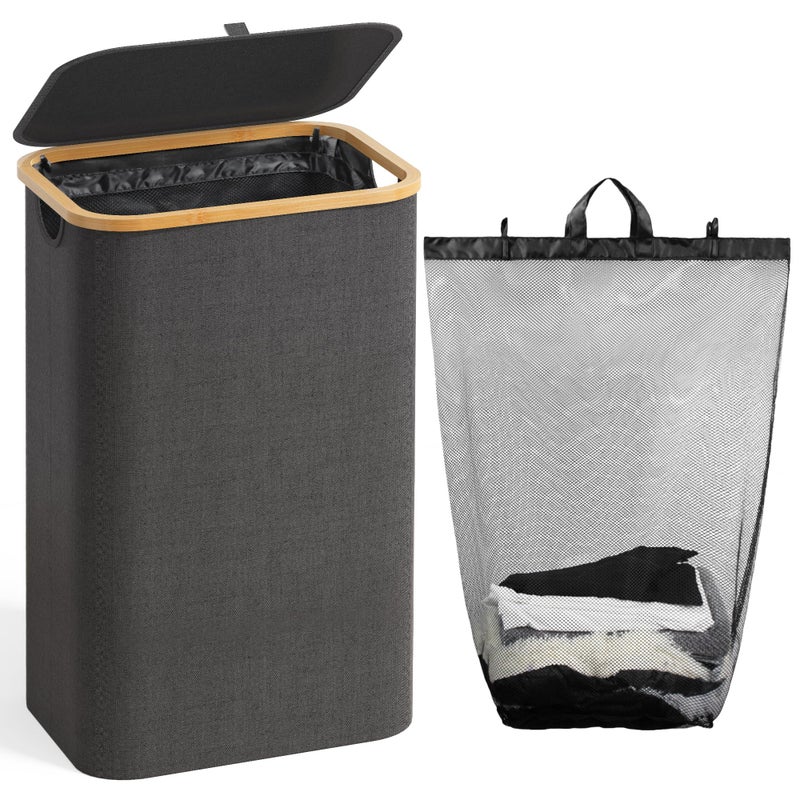 100L Laundry Hamper with Lid Large Laundry Basket with Bamboo Handles Clothes Hampers for Laundry with Removable Bag Dirty Clothes Hampers for Bedroom Aesthetic Grey