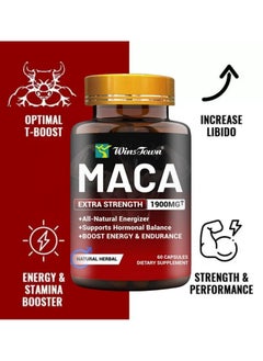 Organic Maca Root Powder Capsules 1900 mg with Ashwagandha Ginseng Tribulus Maca Root Extract Supplement for Men and Women Vegan Pills 60 Capsules