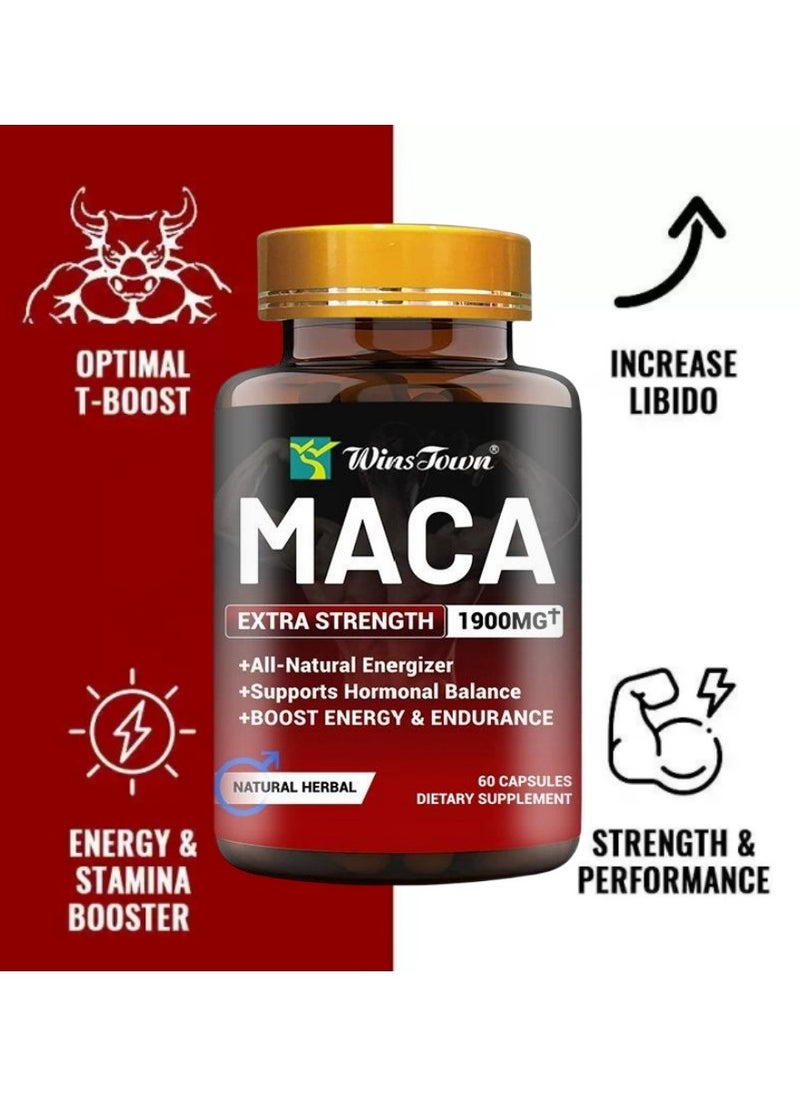 Wins Town - Organic Maca Root Powder Capsules 1900 mg with Ashwagandha Ginseng Tribulus Maca Root Extract Supplement for Men and Women Vegan Pills 60 Capsules - Image 1