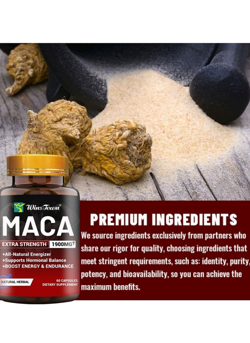 Wins Town - Organic Maca Root Powder Capsules 1900 mg with Ashwagandha Ginseng Tribulus Maca Root Extract Supplement for Men and Women Vegan Pills 60 Capsules - Image 1
