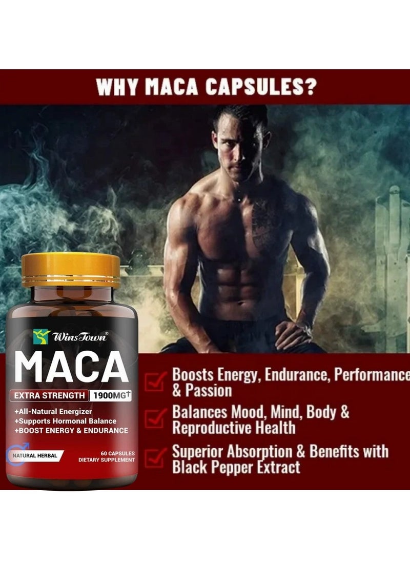 Wins Town - Organic Maca Root Powder Capsules 1900 mg with Ashwagandha Ginseng Tribulus Maca Root Extract Supplement for Men and Women Vegan Pills 60 Capsules - Image 1