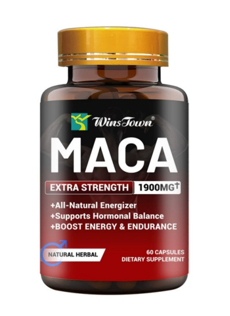 Wins Town - Organic Maca Root Powder Capsules 1900 mg with Ashwagandha Ginseng Tribulus Maca Root Extract Supplement for Men and Women Vegan Pills 60 Capsules - Image 1