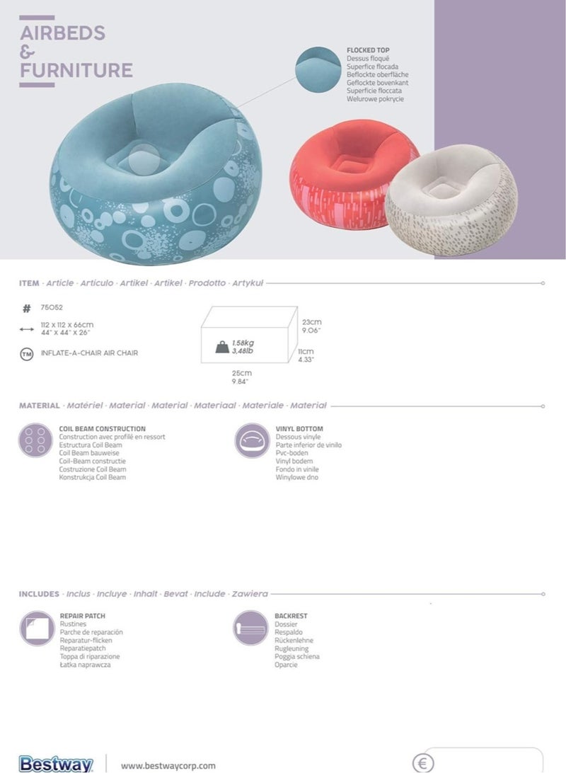 بست واي كرسي هوائي قابل للنفخ، وسادة واقفة، للاستخدام الداخلي والخارجي، مناسب للأطفال والكبار، مقاس 112×112×66 سم (75052) (أزرق) - Image 4