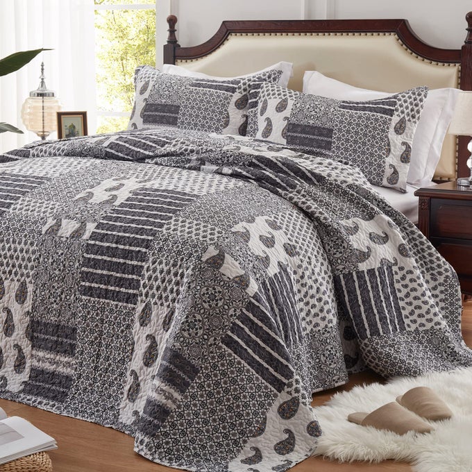 QUILT SET FULLQUEEN SIZE 3 PIECE BEDSPREAD COVERLET LIGHTWEIGHT COMFORTER MICROFIBER BEDDING SET FOR ALL SEASON OVERSIZED 90X98 INCH BED COVER FLORAL PAISLEY GRAY1 QUILT2 PILLOW SHAMS
