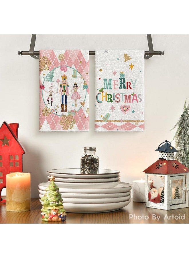 Artoid Mode Pink Nutcrackers Tree Holly Jolly Merry Christmas Kitchen Towels Dish Towels, 18x26 Inch Seasonal Winter Xmas Decoration Hand Towels Set of 4 - Image 2