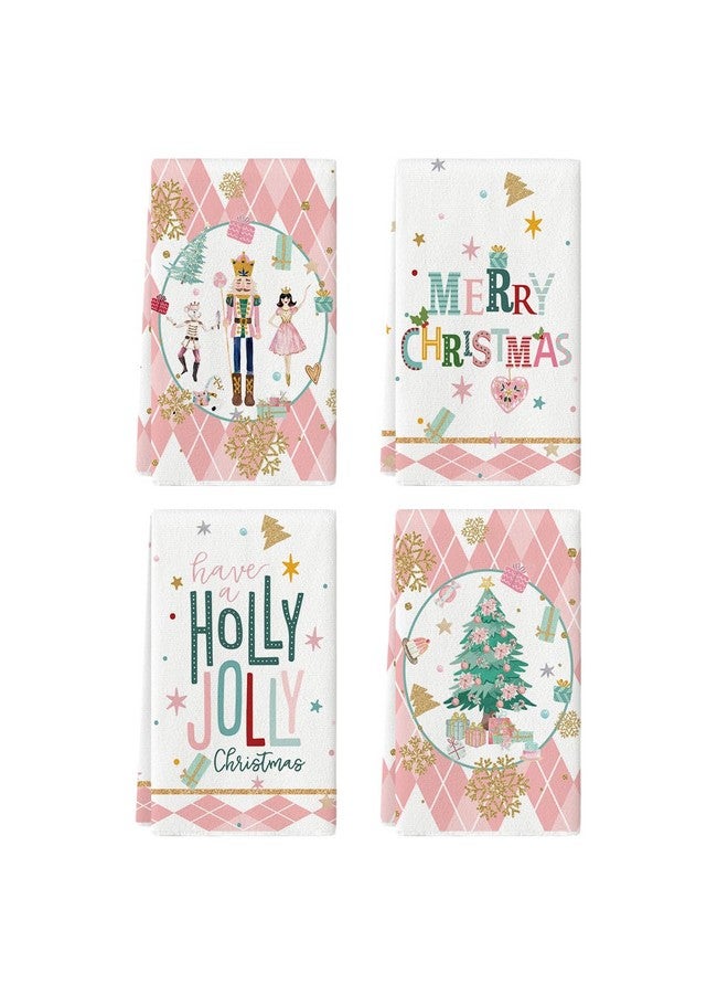 Artoid Mode Pink Nutcrackers Tree Holly Jolly Merry Christmas Kitchen Towels Dish Towels, 18x26 Inch Seasonal Winter Xmas Decoration Hand Towels Set of 4 - Image 1