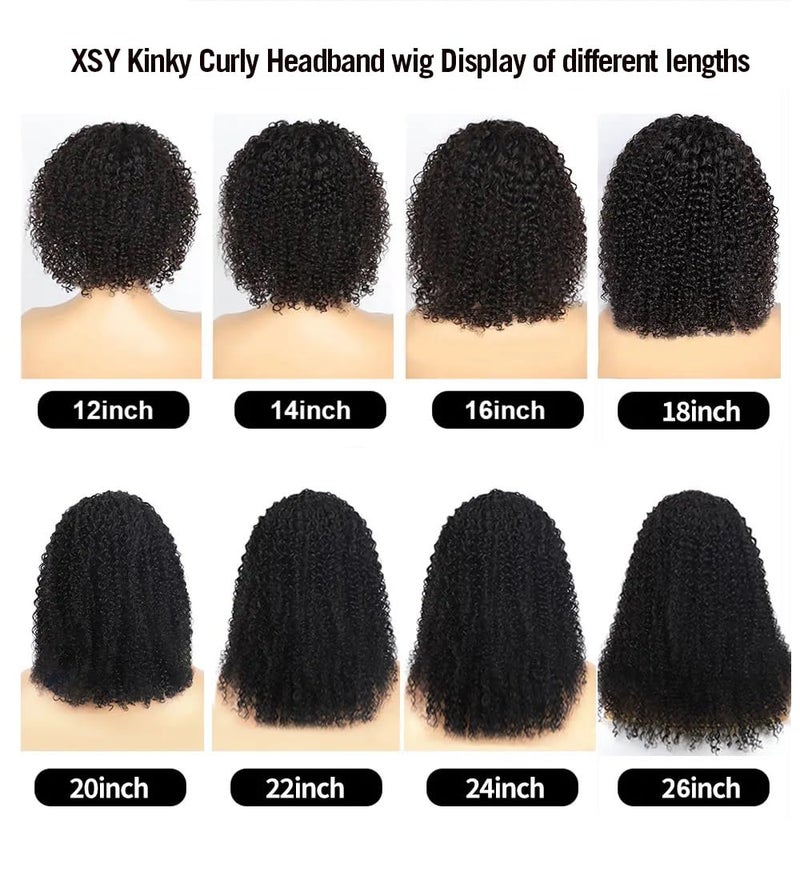 XSY Headband Wig Human Hair Kinky Curly 20 Inch Headband Wigs for Black Women Deep Curly Human Hair Wigs None Lace Front Wig 150% Density Natural Black Color - Image 4