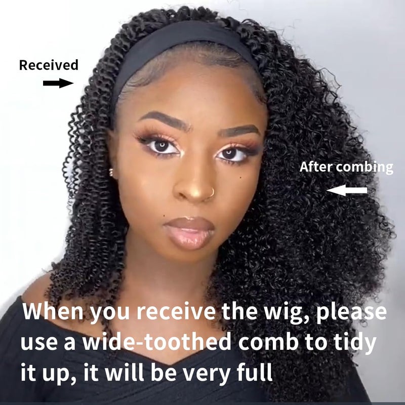 XSY Headband Wig Human Hair Kinky Curly 20 Inch Headband Wigs for Black Women Deep Curly Human Hair Wigs None Lace Front Wig 150% Density Natural Black Color - Image 2