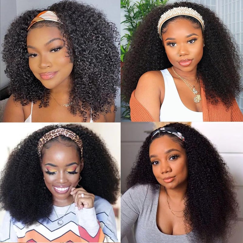 XSY Headband Wig Human Hair Kinky Curly 20 Inch Headband Wigs for Black Women Deep Curly Human Hair Wigs None Lace Front Wig 150% Density Natural Black Color - Image 3