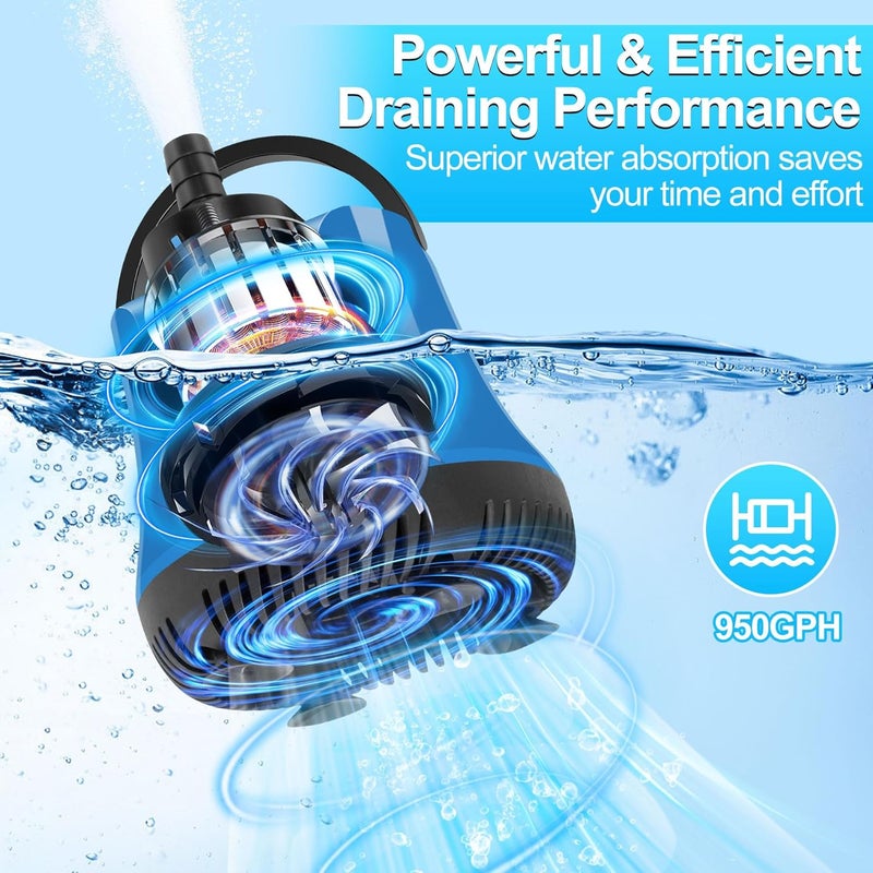 FineBud Submersible Water Pump, Adjustable Flow Sump Pump, Pool Cover Pump Above Ground, Electric Portable Water Removal Pumps, Water Pump for Pool Draining with 10ft Drainage Hose,3 Adapters,950GPH - Image 4
