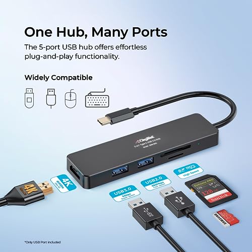 Digitek® (DUH 005) 5-in-1 Type C USB Hub 3.0 with Ultra HD HDMI, USB 3.0/2.0 Ports, SD/TF Card Readers, 5Gbps Data Transfer, for PC, MacBook, iMac, XPS, Flash Drives & Windows/Mac/Linux Compatible - Image 4