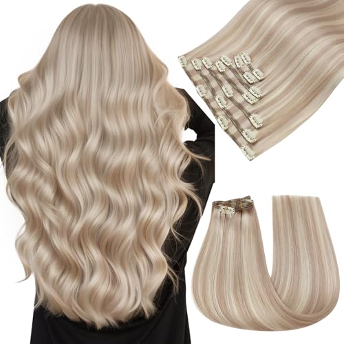 Easyouth Human Hair Clip in Extensions Blonde Highlight, 20 Inch Remy Human Hair Extensions Clip ins, Ash Blonde Highlights Bleach Blonde, Real Hair Clip in Extension, 120g 7pcs, Long Straight Hair - Image 1