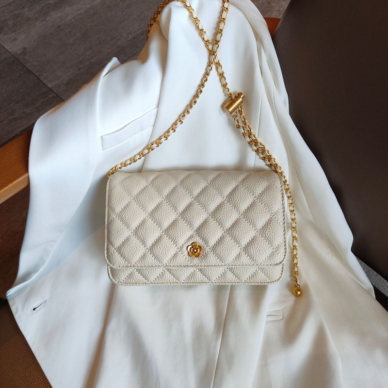 High-End First-Layer Cowhide Quilted Gold Ball Chain Bag One-Shoulder Cross-Body Women'S Bag Small Square Bag - Image 1
