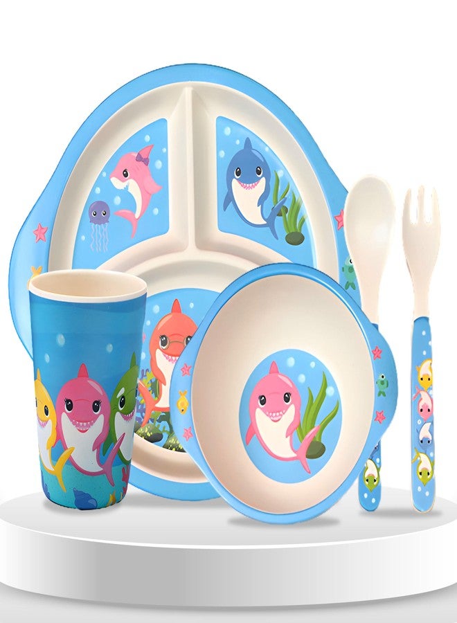 Bembika Baby Self Feeding Essential Baby Dinnerware Bamboo Fibre Dinner Set for Kids Bamboo Utensils for Kids and Toddlers (Pack of 5)(Sky Blue) - Image 1