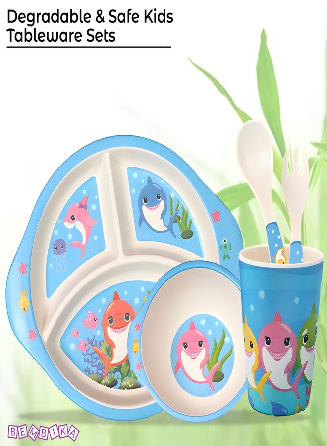 Bembika Baby Self Feeding Essential Baby Dinnerware Bamboo Fibre Dinner Set for Kids Bamboo Utensils for Kids and Toddlers (Pack of 5)(Sky Blue) - Image 2