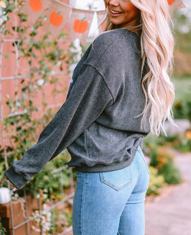 SELINK Womens Crewneck Oversized Corduroy Corded Sweatshirt Long Sleeve Casual Pullover Tops Gray XOXO-M - Image 2