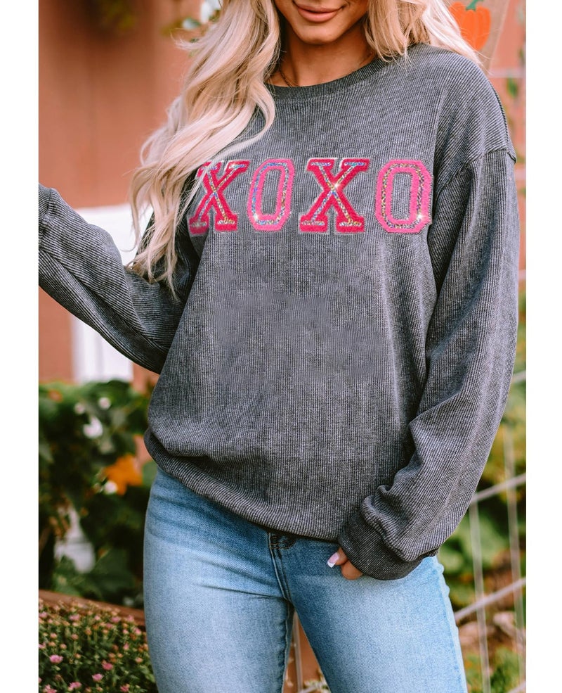 SELINK Womens Crewneck Oversized Corduroy Corded Sweatshirt Long Sleeve Casual Pullover Tops Gray XOXO-M - Image 3