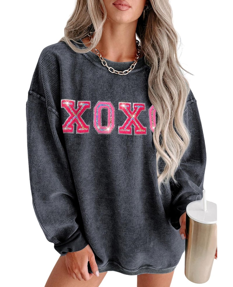 SELINK Womens Crewneck Oversized Corduroy Corded Sweatshirt Long Sleeve Casual Pullover Tops Gray XOXO-M - Image 1
