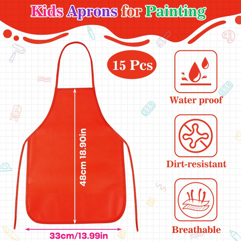 PLULON 15 Pcs Kids Apron Painting Aprons  Kids Aprons for Painting Red Apron Art Apron Smocks Bulk for Art Activity Craft Home Kitchen Classroom Party Supplies - Image 1
