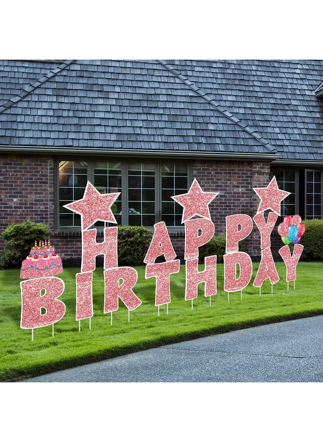 Jetec Jetec 18 Pieces Happy Birthday Yard Signs with Stakes, 16 Inches Birthday Outdoor Lawn Signs, Birthday Cake Balloon Patio Decorations, garden Lawn Decorations for Birthday Party(Rose Gold)  - Image 1