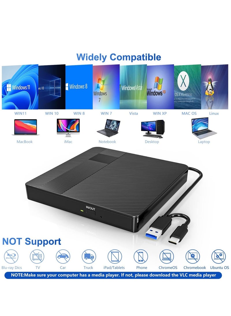 ماركة غير محددة - محرك اقراص دي في دي خارجي، USB 3.0 نوع C، محرك اقراص CD/DVD +/-RW، قارئ CD ROM محمول رفيع للغاية واعادة كتابة للابتوب وماك بوك والكمبيوتر المكتبي وويندوز 11/10/8/7/XP لينكس OS - Image 1