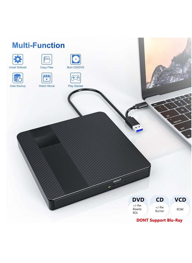 ماركة غير محددة - محرك اقراص دي في دي خارجي، USB 3.0 نوع C، محرك اقراص CD/DVD +/-RW، قارئ CD ROM محمول رفيع للغاية واعادة كتابة للابتوب وماك بوك والكمبيوتر المكتبي وويندوز 11/10/8/7/XP لينكس OS - Image 1