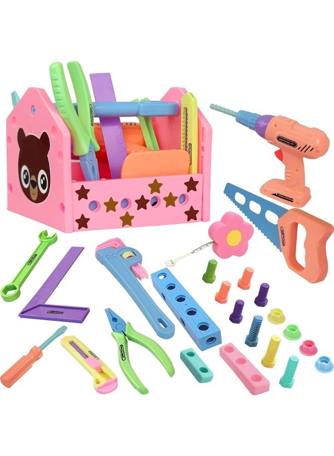 Gifts2U Gifts2U Toy Tool Set for Girls Pretend Play Toy with Play Drill Tool Box, Vest Costume and Toy Tape Measure, Pink Toy Tool Set Learning Tool Kit for Girls Toddlers Boys Age 3 4 5 6 Home Stem DIY Gifts - Image 1