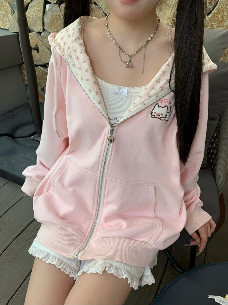 OATSBAS Women's Y2K Cute Floral Hoodies Kawaii Zip Up Hoodies Cartoon Cat Embroidery Oversized Pullover Sweatshirt (Pink,Small) - Image 3