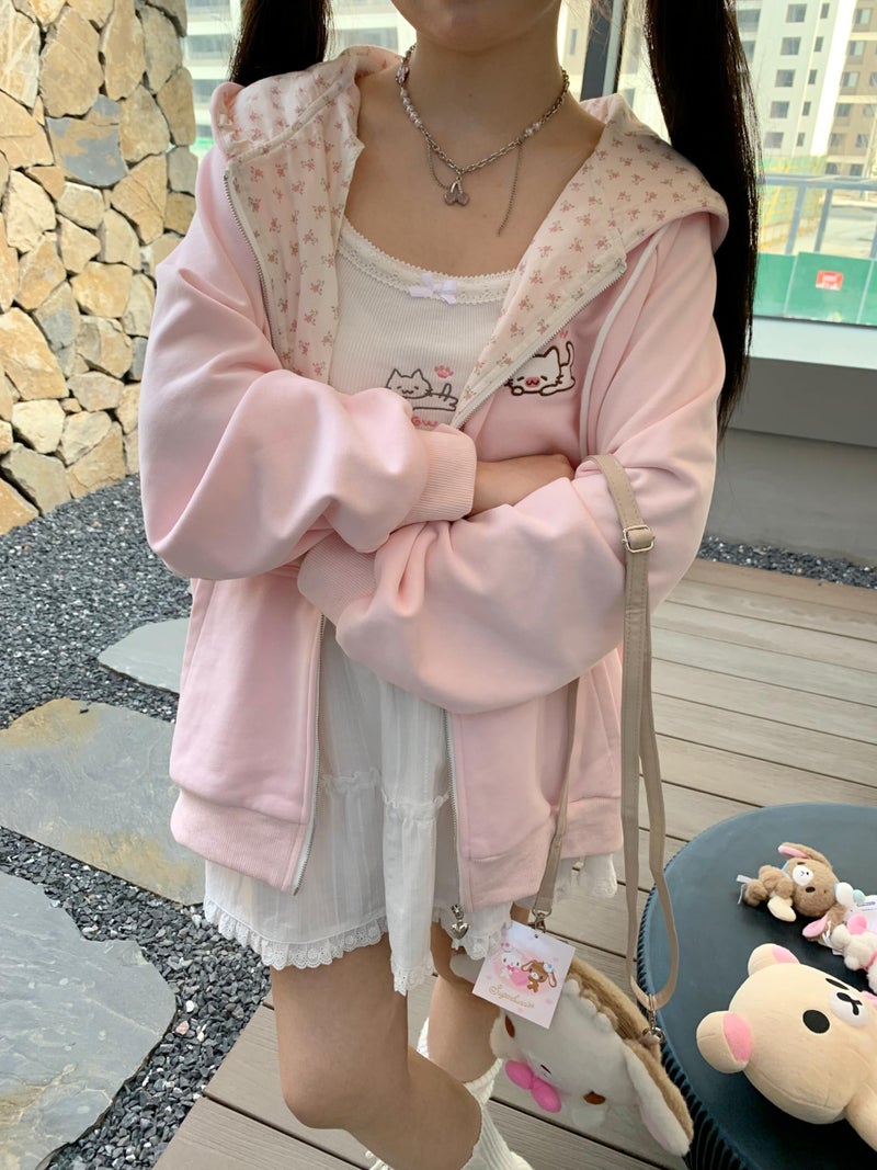 OATSBAS Women's Y2K Cute Floral Hoodies Kawaii Zip Up Hoodies Cartoon Cat Embroidery Oversized Pullover Sweatshirt (Pink,Small) - Image 2