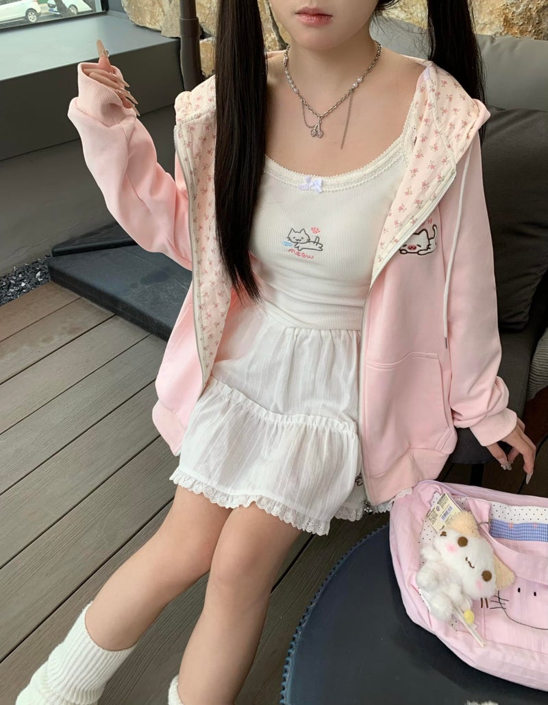 OATSBAS Women's Y2K Cute Floral Hoodies Kawaii Zip Up Hoodies Cartoon Cat Embroidery Oversized Pullover Sweatshirt (Pink,Small) - Image 5