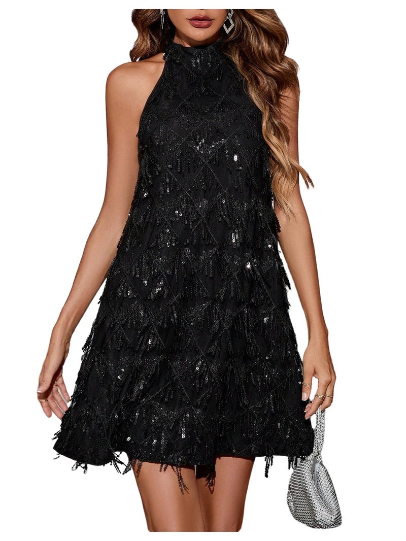 OYOANGLE Women's Sequin Sparkly Cocktail Party Dress Glitter Sleeveless Halter Mini Dress Outfits Clubwear Black S - Image 1