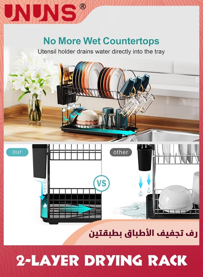 UNUNS Dish Drying Rack,2 Tier Dish Racks For Kitchen Counter With Drainboard,Multifunctional Carbon Steel Material Dish Drainer,Large Dish Rack With Drying Mat And Wine Glass Holder,Black - Image 2
