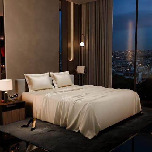 Stoa Paris Satin Bedsheet King Size with 2 Pillow Covers, 300TC Premium Bedsheets King Size, Home Decor,Ultimate Comfort, 274 cm x 228 cm,Date Night - Charming Ivory - Image 1