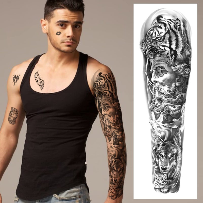 SOOVSY Full Arm Sleeve Temporary Tattoos for Men Women, 46 Sheets Fake Tattoos for Adults, Realistic Lion, Wolf, Eagle, Deer, Flower, Clock, Skeleton Design for Party Concert Daily Accessories - Image 5