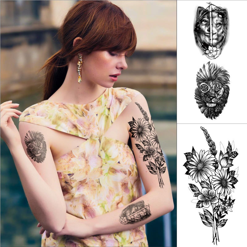 SOOVSY Full Arm Sleeve Temporary Tattoos for Men Women, 46 Sheets Fake Tattoos for Adults, Realistic Lion, Wolf, Eagle, Deer, Flower, Clock, Skeleton Design for Party Concert Daily Accessories - Image 4