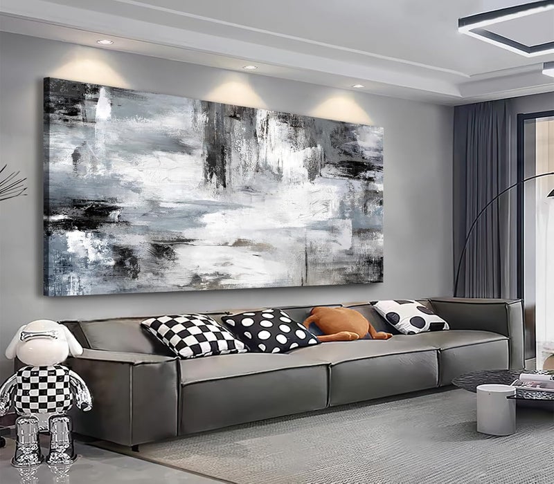 EMODA Large Neutral Grey Abstract Wall Art (60x120 cm Framed) – Modern Oversized Canvas Print for Living Room & Bedroom - Image 1