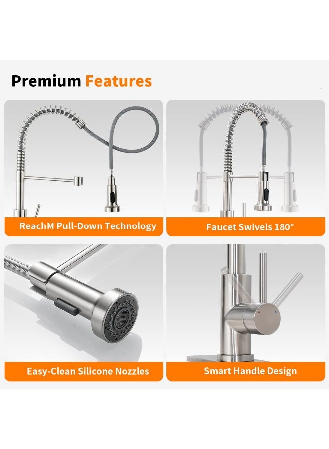 Bukela Kitchen Faucets Low Lead Commercial Solid Brass Single Handle Single Lever Pull Down Sprayer Spring Kitchen Sink Faucet, Brushed Nickel - Image 5
